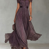 Flavia - Purple Chiffon Maxi Dress with Keyhole Neckline and Lace Trim