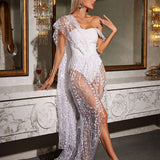 Bailee Split Sequin Maxi Dress In White