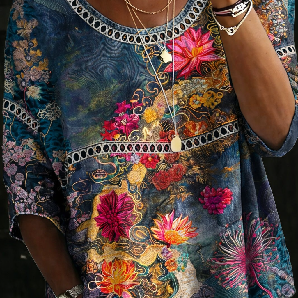 Erna - Vintage Floral Denim Blouse