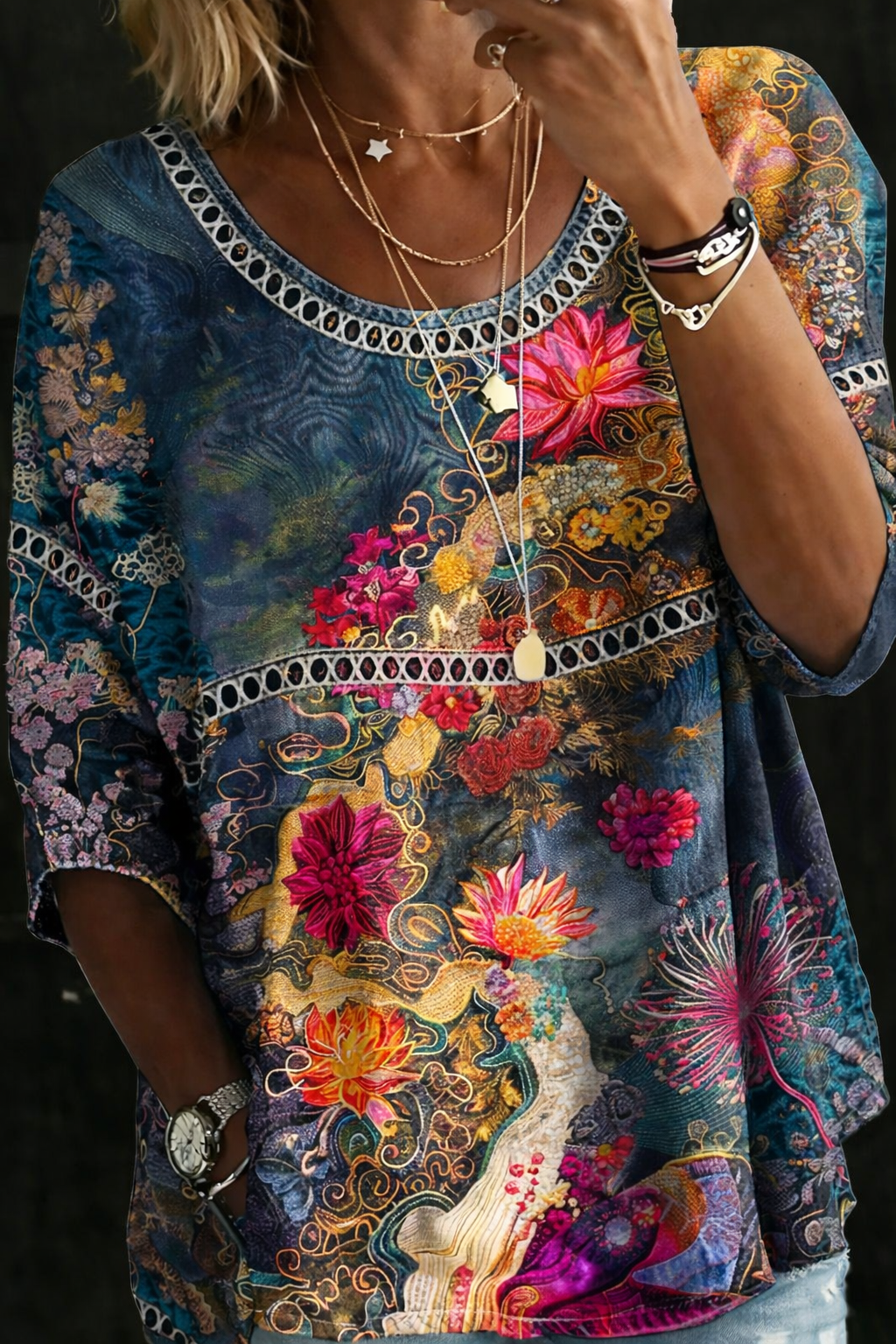 Erna - Vintage Blumen-Denim-Bluse