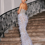 Vieby Strapless Rhinestone Feather Maxi Dress In White