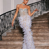 Vieby Strapless Rhinestone Feather Maxi Dress In White