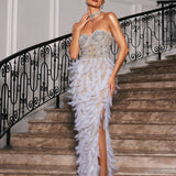 Vieby Strapless Rhinestone Feather Maxi Dress In White