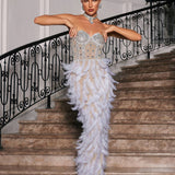 Vieby Strapless Rhinestone Feather Maxi Dress In White