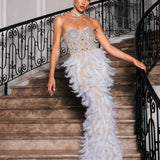Vieby Strapless Rhinestone Feather Maxi Dress In White