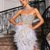 Vieby Strapless Rhinestone Feather Maxi Dress In White