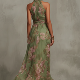 Serena - Green Floral Chiffon Halterneck Maxi Dress
