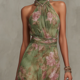 Serena - Green Floral Chiffon Halterneck Maxi Dress