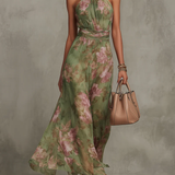 Serena - Green Floral Chiffon Halterneck Maxi Dress