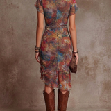 Martina - Bohemian Abstract Print Pleated Midi Dress with V-Neck