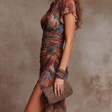 Martina - Bohemian Abstract Print Pleated Midi Dress with V-Neck