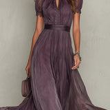 Flavia - Purple Chiffon Maxi Dress with Keyhole Neckline and Lace Trim