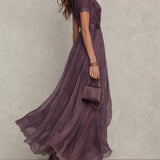 Flavia - Purple Chiffon Maxi Dress with Keyhole Neckline and Lace Trim