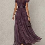 Flavia - Purple Chiffon Maxi Dress with Keyhole Neckline and Lace Trim