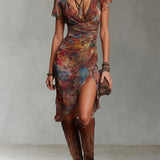 Martina - Bohemian Abstract Print Pleated Midi Dress with V-Neck