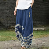 Ariane – Navy Wide-Leg Trousers with Wave Print