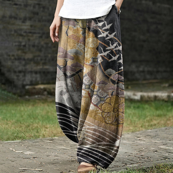 Coralie – Gold Wide-Leg Trousers with Crane and Cloud Print