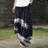 Aurélie – Navy Wide-Leg Trousers with Stylized Wave Print