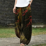 Camille – Dark Green Wide-Leg Trousers with Botanical Print