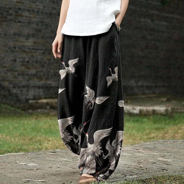 Françoise – Black Wide-Leg Trousers with Crane Print
