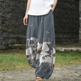 Michèle – Grey Wide-Leg Trousers with Bird Print