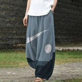 Aurore – Blue-Grey Wide-Leg Trousers with Cat and Moon Print