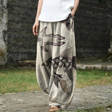 Hélène – Beige Wide-Leg Trousers with Fish Print