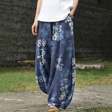 Éliane – Blue Wide-Leg Trousers with Plum Blossom Print