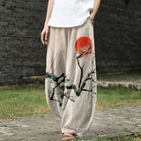 Léonie – Beige Wide-Leg Trousers with Ink Sun Print