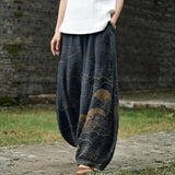 Capucine – Dark Blue Wide-Leg Trousers with Sun Print