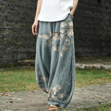 Iseult – Wide-Leg Trousers with Light Blue Leaf Print